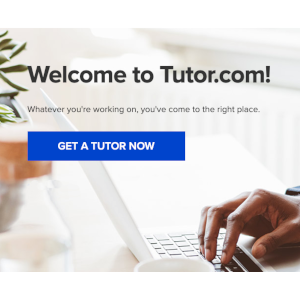 snapshot of accessing service called tutor.com with a blue button to connect to a tutor - also an image of a hand typing on a computer keyboard