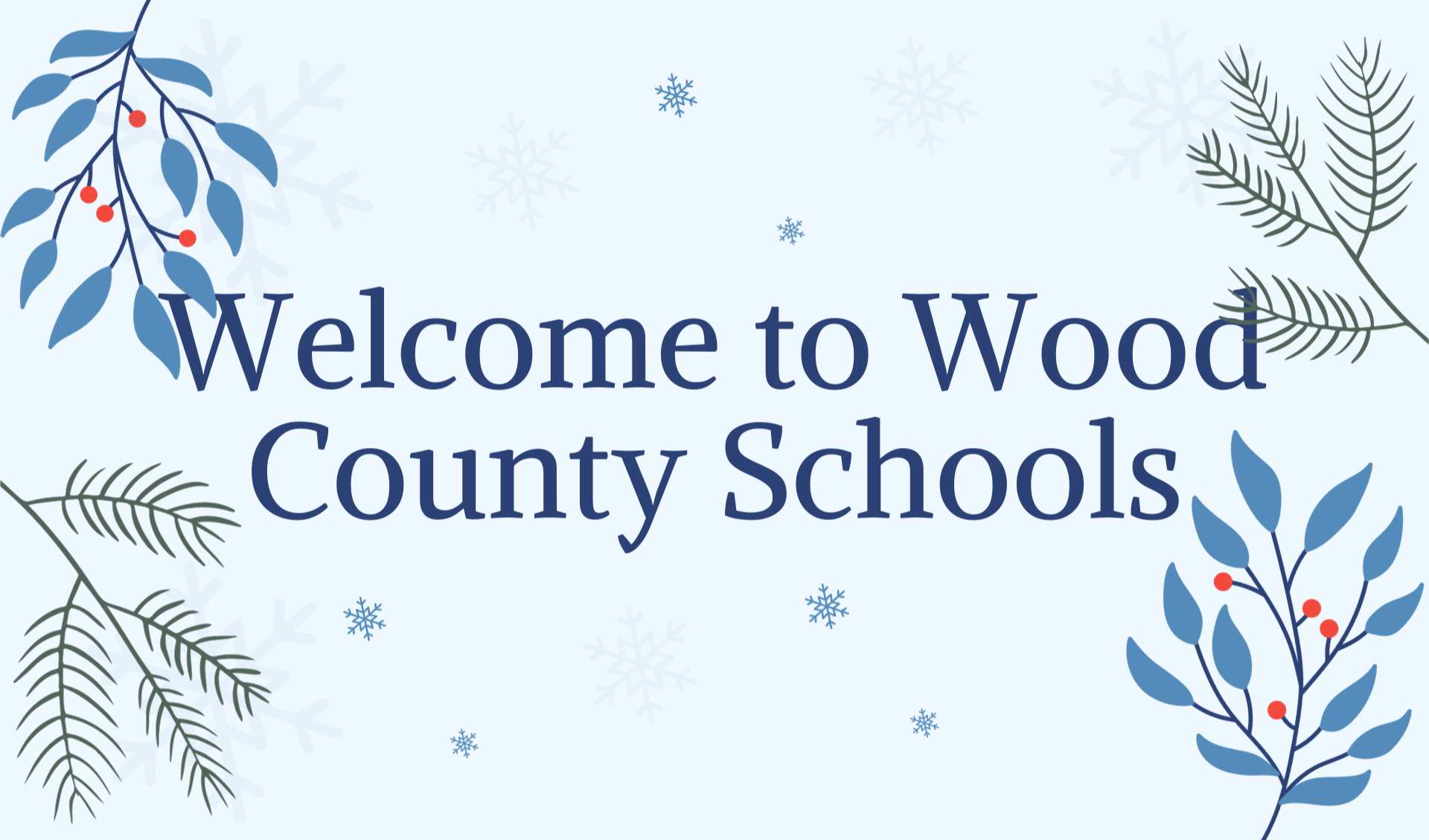 welcome to wood county schools text on a light blue background with snowflakes and winter themed plants