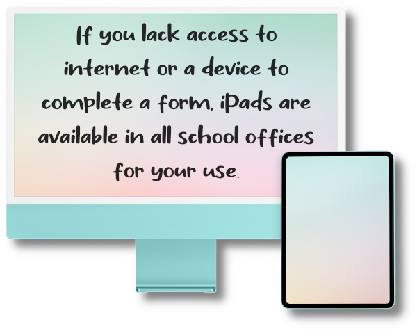 image of desktop computer and tablet with a message saying that iPads are available in school offices for those lacking internet or a device