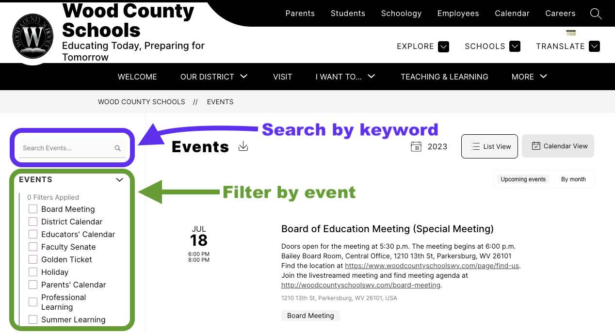 screen capture of an online calendar with highlighted text and graphic arrows and boxes explaining how to filter calendar items