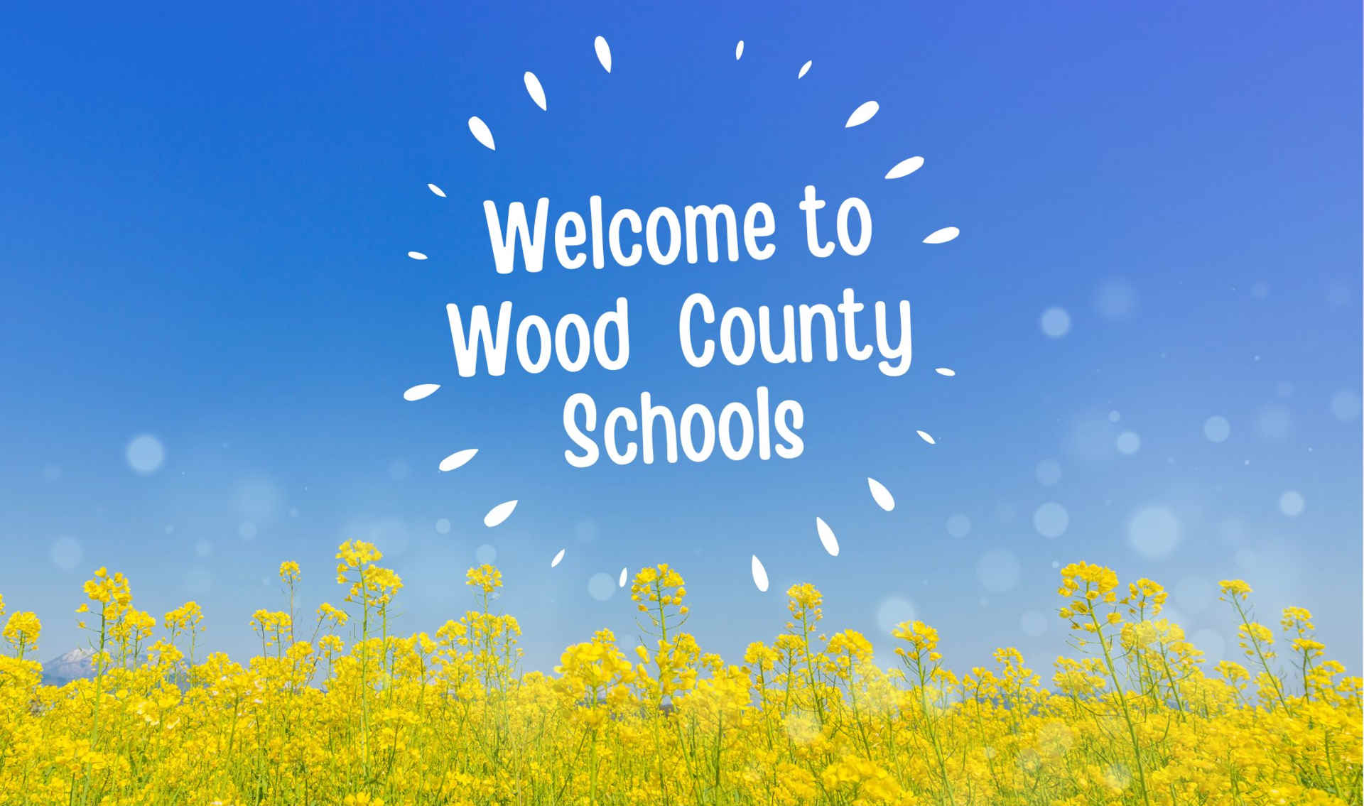 text reads "welcome to wood county schools" with a blue sky background and yellow flowers at the base