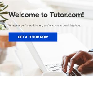 snapshot of accessing service called tutor.com with a blue button to connect to a tutor - also an image of a hand typing on a computer keyboard