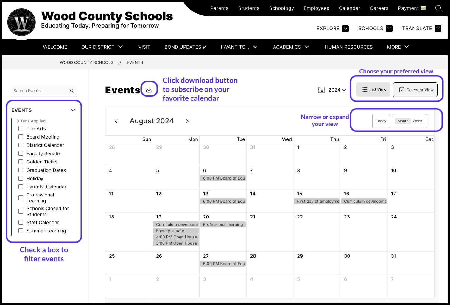 image that shows a wood county schools calendar with instructional aides on how to navigate the calendar