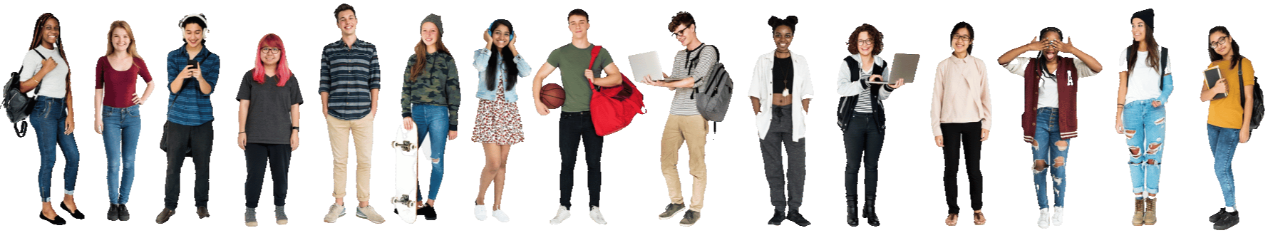 image of a variety of students in a horizontal row with a transparent background