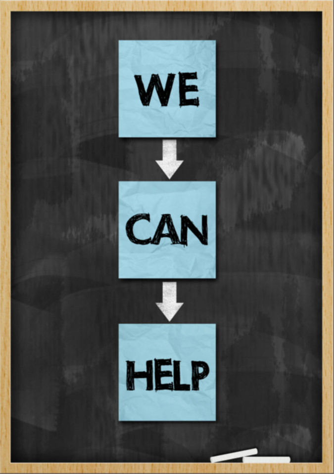 vertical chalkboard with three blue crumpled papers with the message "we can help"