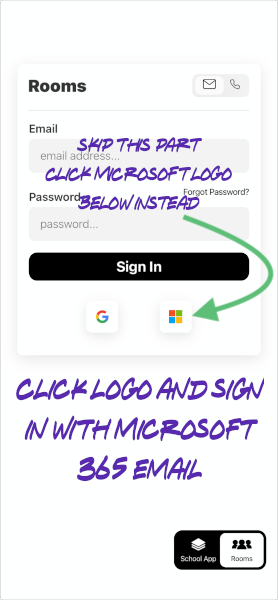 graphic explanation for how to use the microsoft logo to sign into Rooms rather than using existing username and password fields