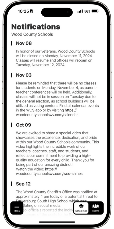 Image of an iPhone with the notifications page from the Wood County Schools app.