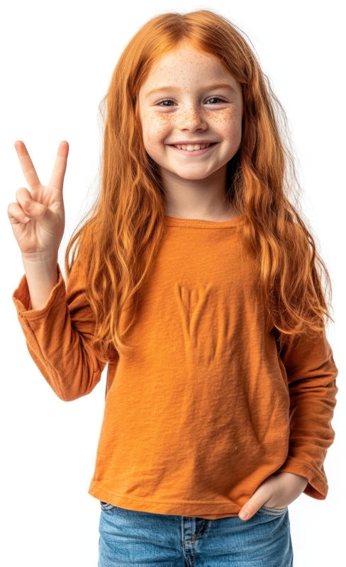 young female student in orange shirt giving a peace sign with her hand gesture