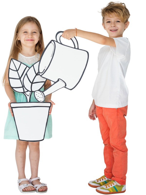 image of a young girl and young boy holding an imaginary, hand drawn plant in a pot and a watering bucket