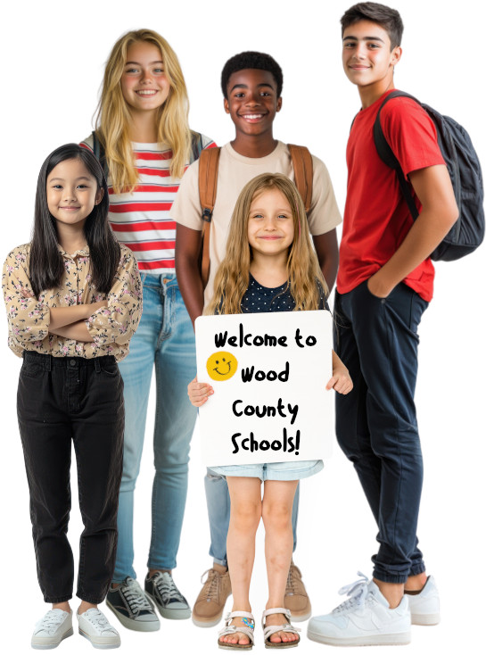 group of five school-aged children with one holding a handmade poster that says "welcome to wood county schools" and includes a yellow smiley face