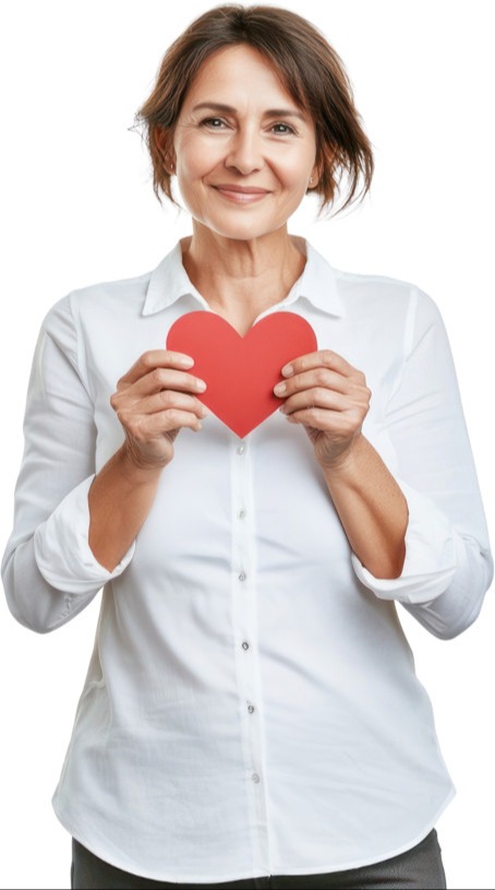 woman wearing a white shirt and smiling holding a red paper cut out of a heart