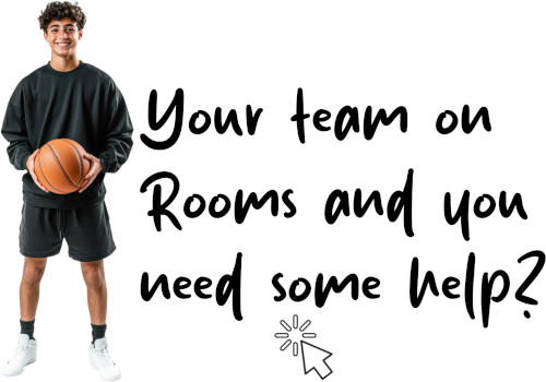 image of male student athlete in shorts and sweatshirt holding basketball with link for assistance with Rooms platform