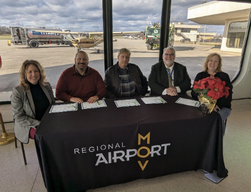 Photo Caption (Left to Right): Christie Willis, Superintendent, Wood County Schools; Jason Ward, Principal, Williamstown Middle/High School; Ben Auville, Airport Manager, Mid-Ohio Valley Regional Airport; Kevin Campbell, Principal, Hamilton Middle School; Jill Parsons, CEO, Chamber of Commerce of the Mid-Ohio Valley