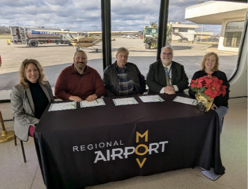 Photo Caption (Left to Right): Christie Willis, Superintendent, Wood County Schools; Jason Ward, Principal, Williamstown Middle/High School; Ben Auville, Airport Manager, Mid-Ohio Valley Regional Airport; Kevin Campbell, Principal, Hamilton Middle School; Jill Parsons, CEO, Chamber of Commerce of the Mid-Ohio Valley