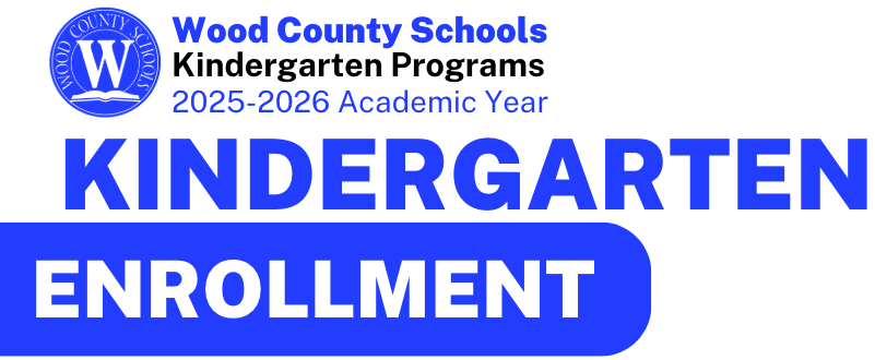 Wood County School Kindergarten Enrollment banner in blue and white