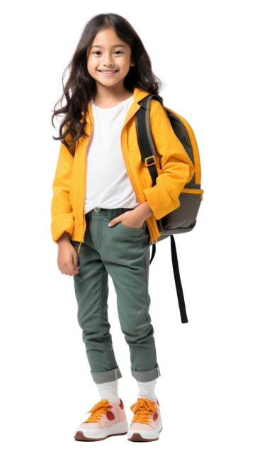 young female student in yellow with yellow backpack