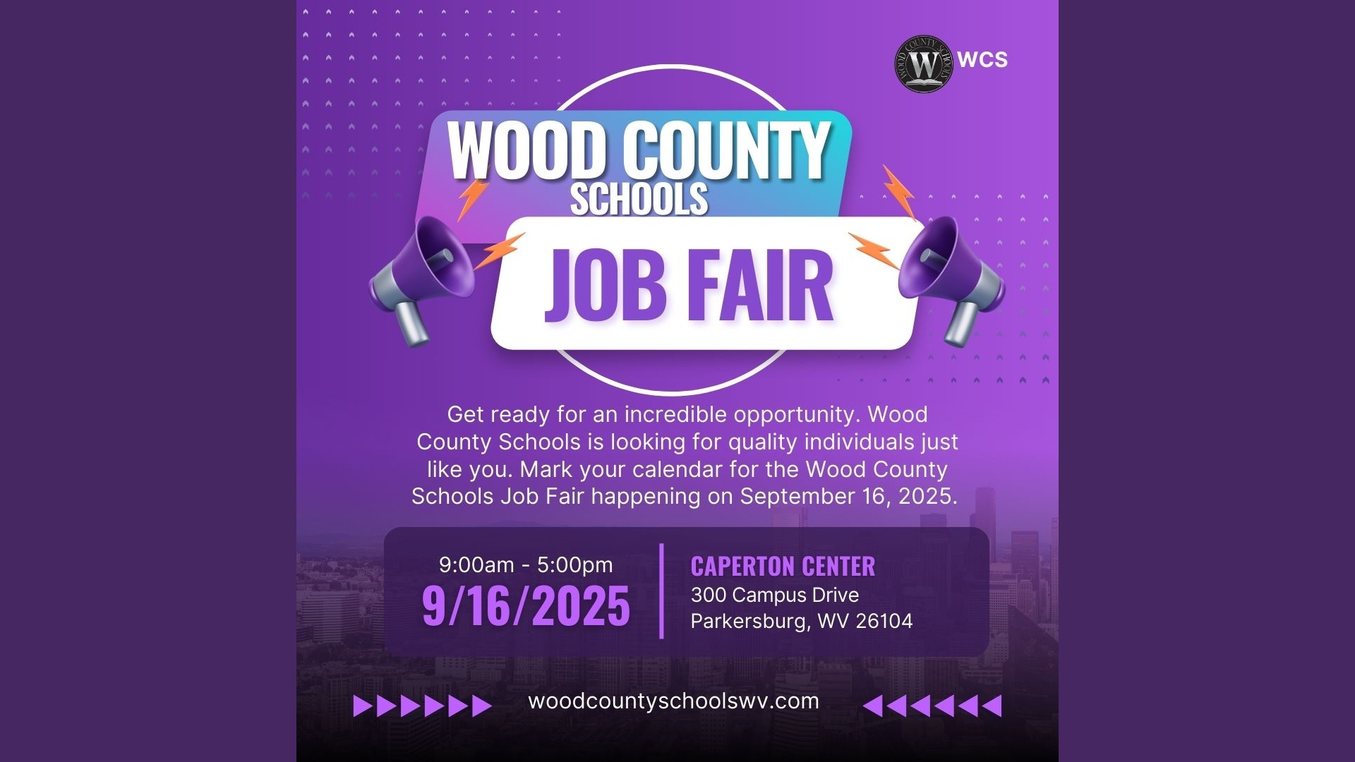 wood county schools job fair flyer in purple