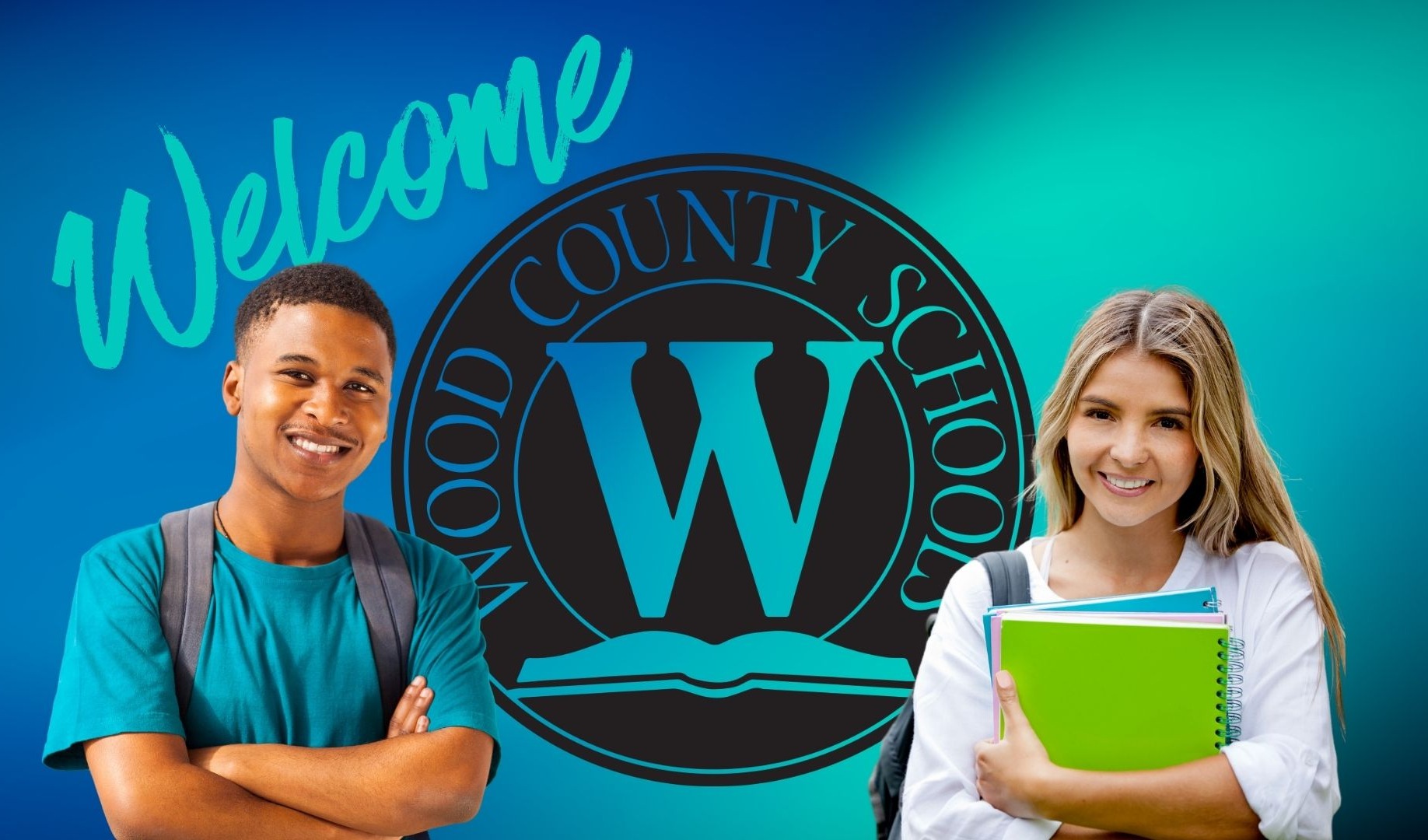 blue gradient background with wood county schools logo centered and two random images of male and female teenage students