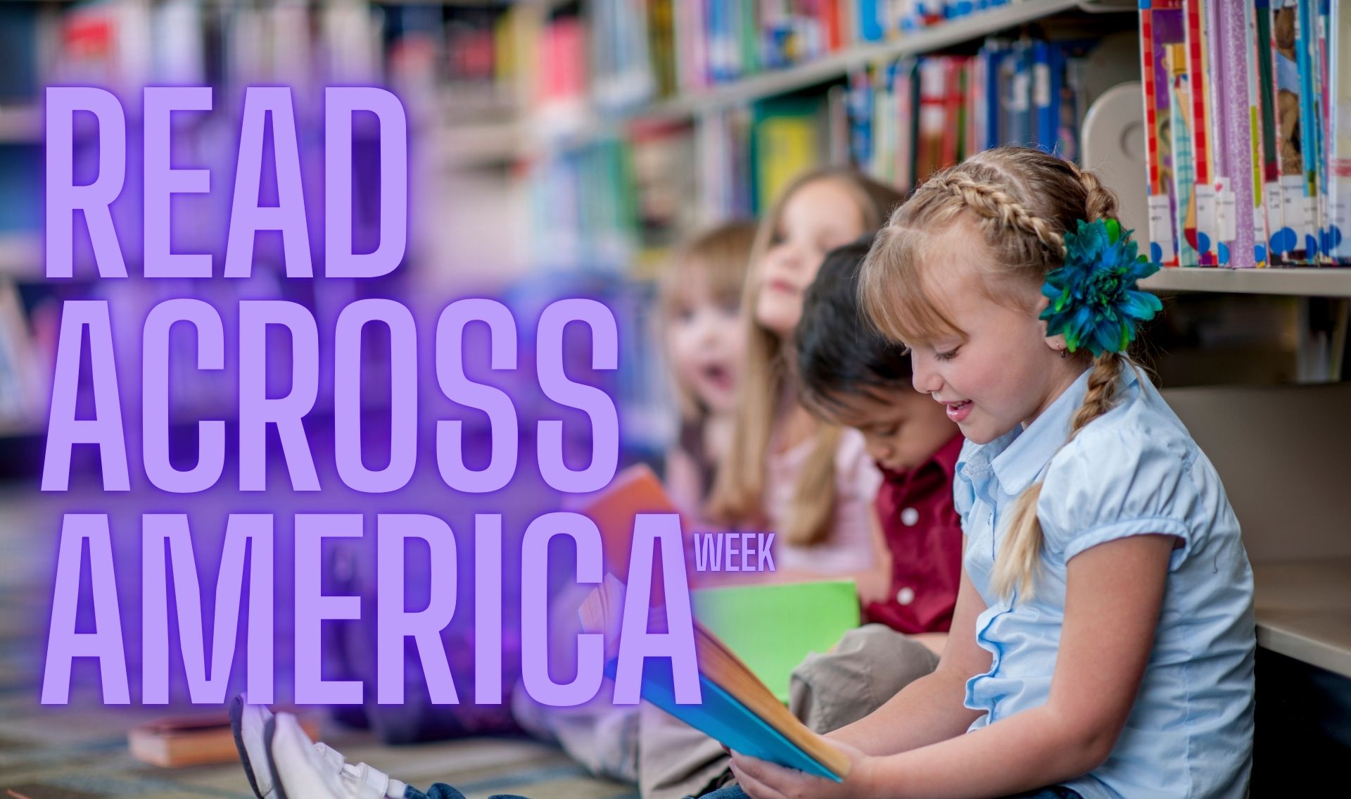 read across america in purple glowing letters layered above several students sitting on the floor against bookshelves