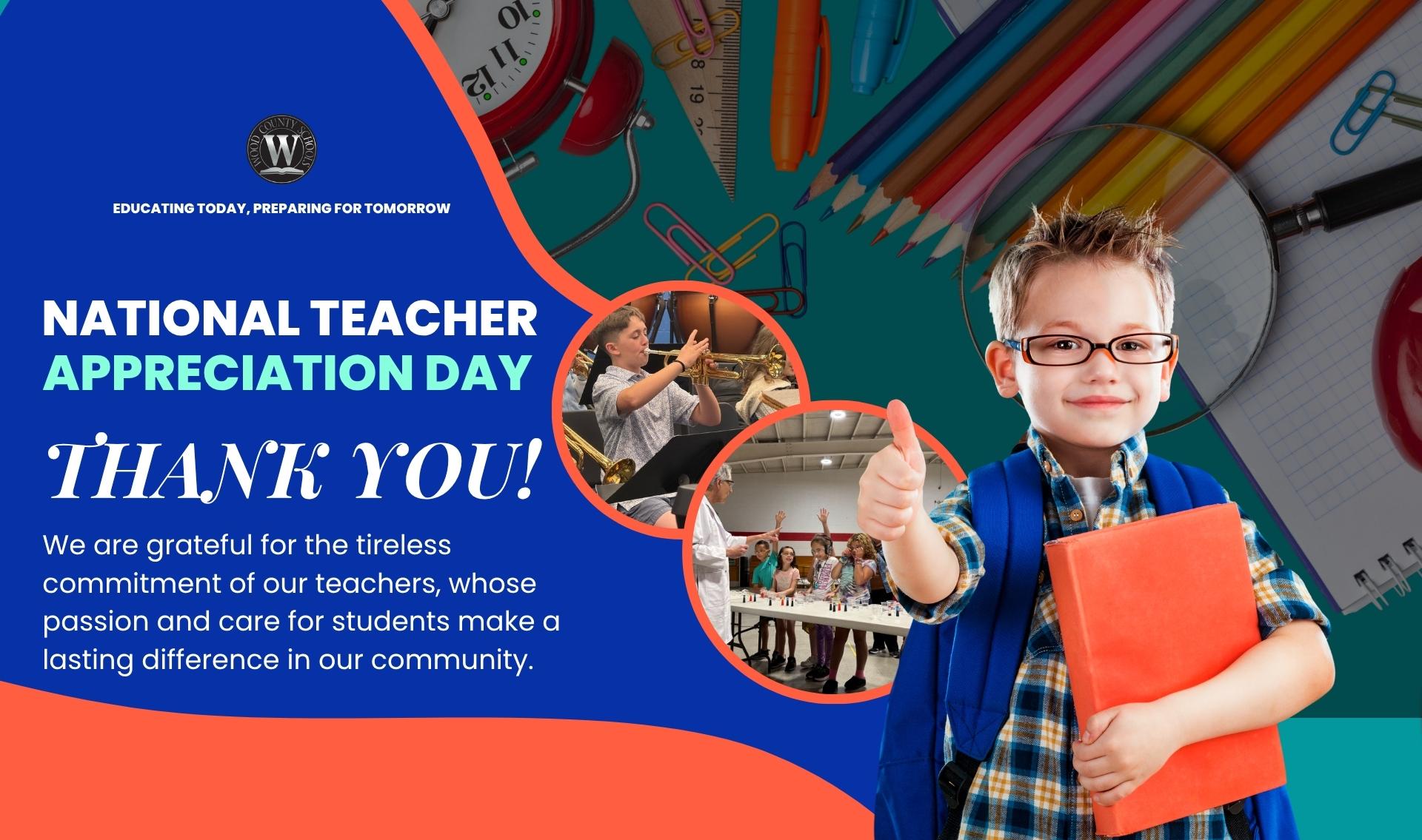 flyer of teacher appreciation day with the words "thank you!" and a small child with a thumbs up