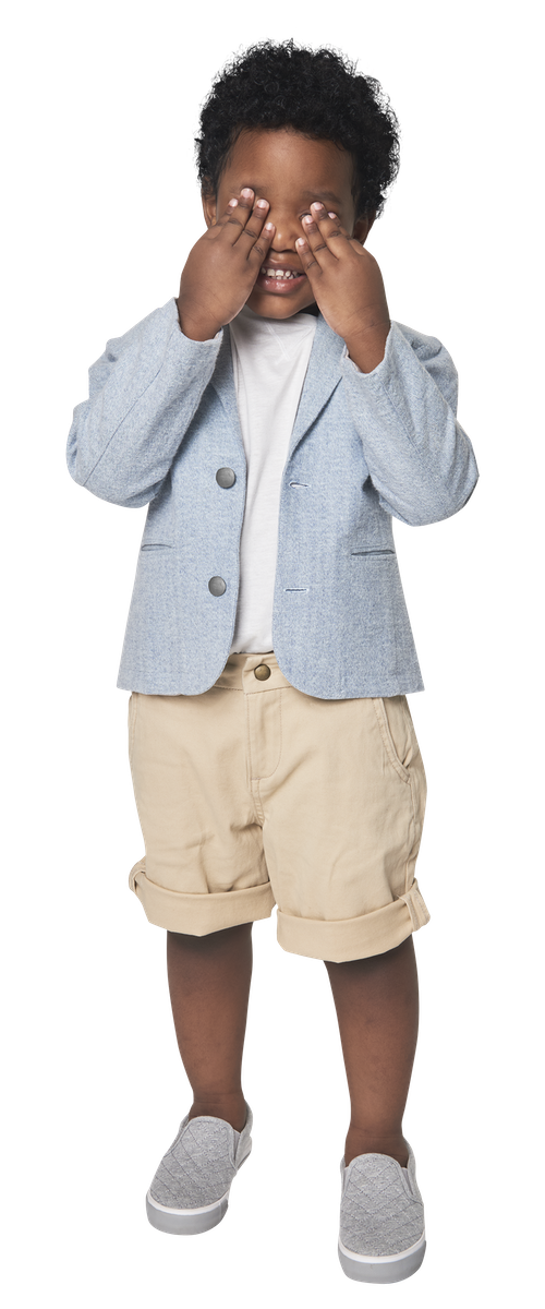 preschool boy light blue jacket white shirt tan shorts