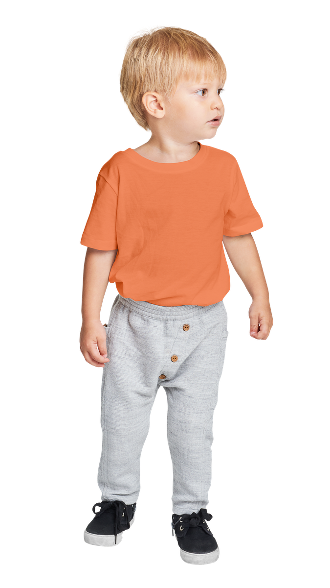preschool boy orange shirt gray sweatpants