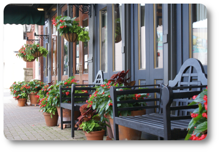 flowers outside a restaurant entrance