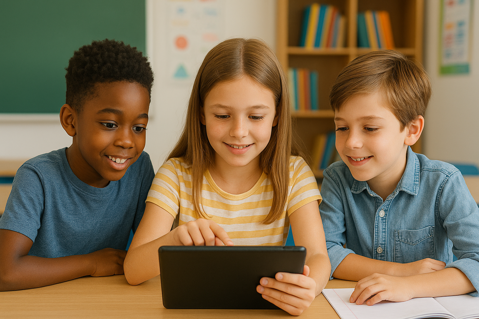 image of three children looking at a tablet