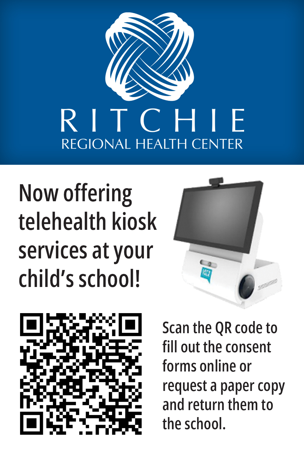 ad for telehealth by Ritchie Regional Health Center showing a  QR code and kiosk  