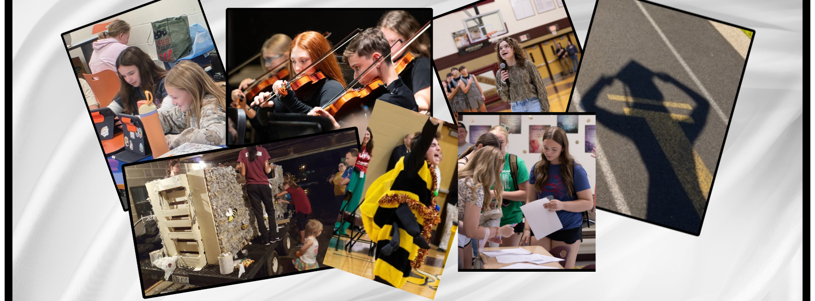 Students in classroom, strings concert, singing, cheering, shadow of graduate, float building