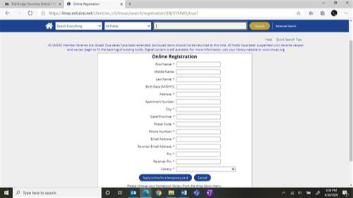 Image / Example of Online Registration Form on the Old Bridge Library website