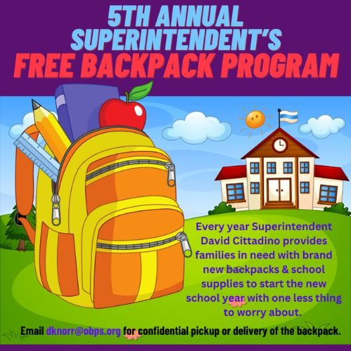 BACKPACK DRIVE - EMAIL DKNORR@OBPS.ORG FOR PICK UP - start the school year with a new backpack and school supplies for OB families in need