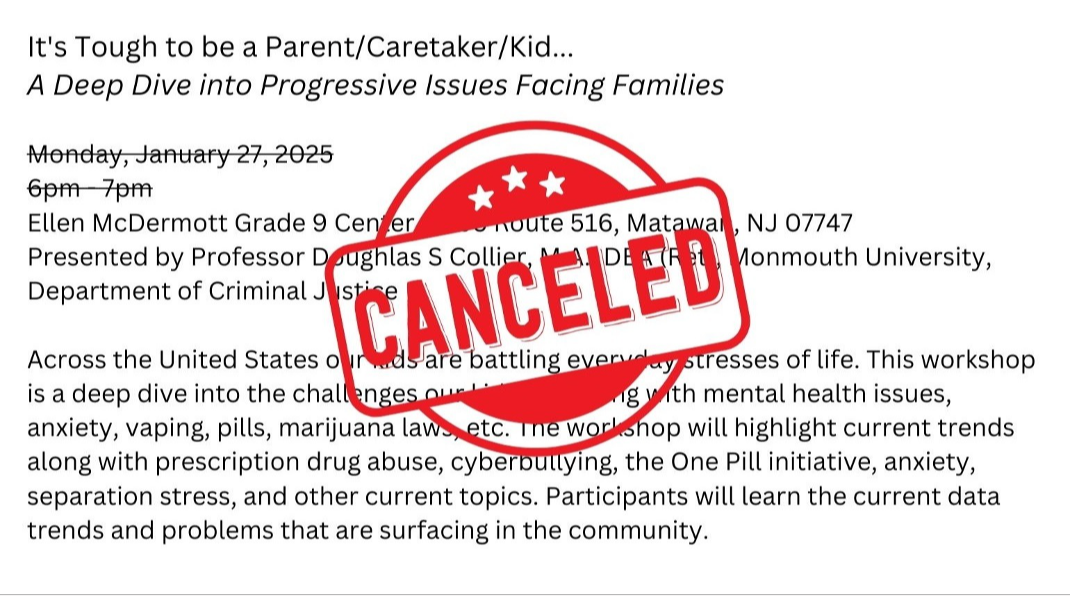 CANCELED - Family Academy Night - It's Tough to be a Parent/Caretaker/Kid - CANCELED