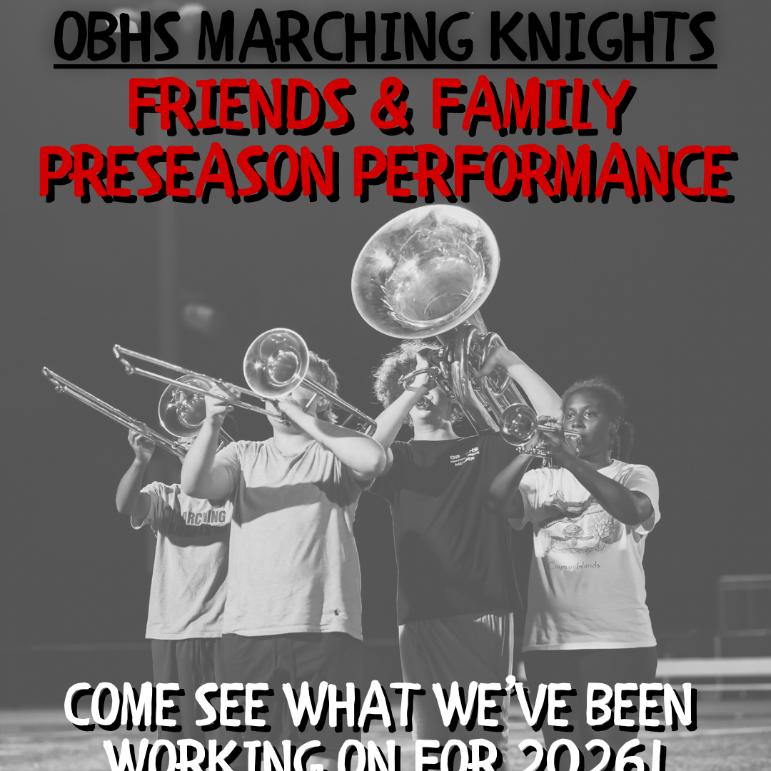 Four individuals playing trombones and tubas at an outdoor location. A text overlay reads "Friends & Family Preseason Performance" and "Come see what we've been working on for 2026!"
