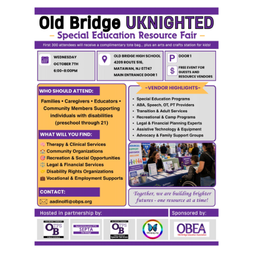 Multicolored text on a white background. Bold text: "Old Bridge UKNIGHTED - Special Education Resource Fair". Below it, smaller text: "WHO SHOULD ATTEND: Families, Caregivers, Educators...".