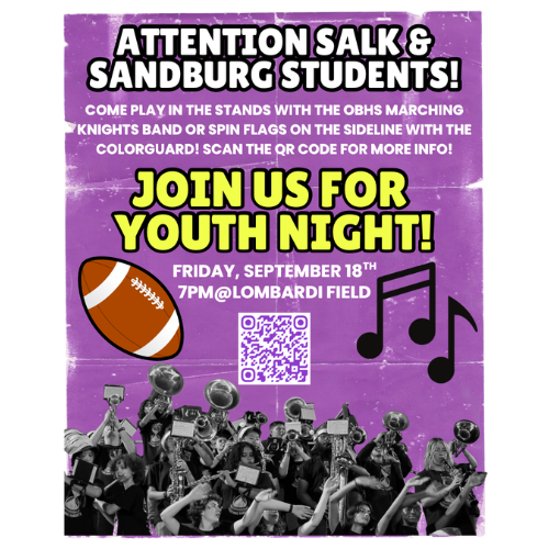 Purple poster invites Salk and Sandburg students to Youth Night at Lombardi Field. Features football, music notes, and a QR code.