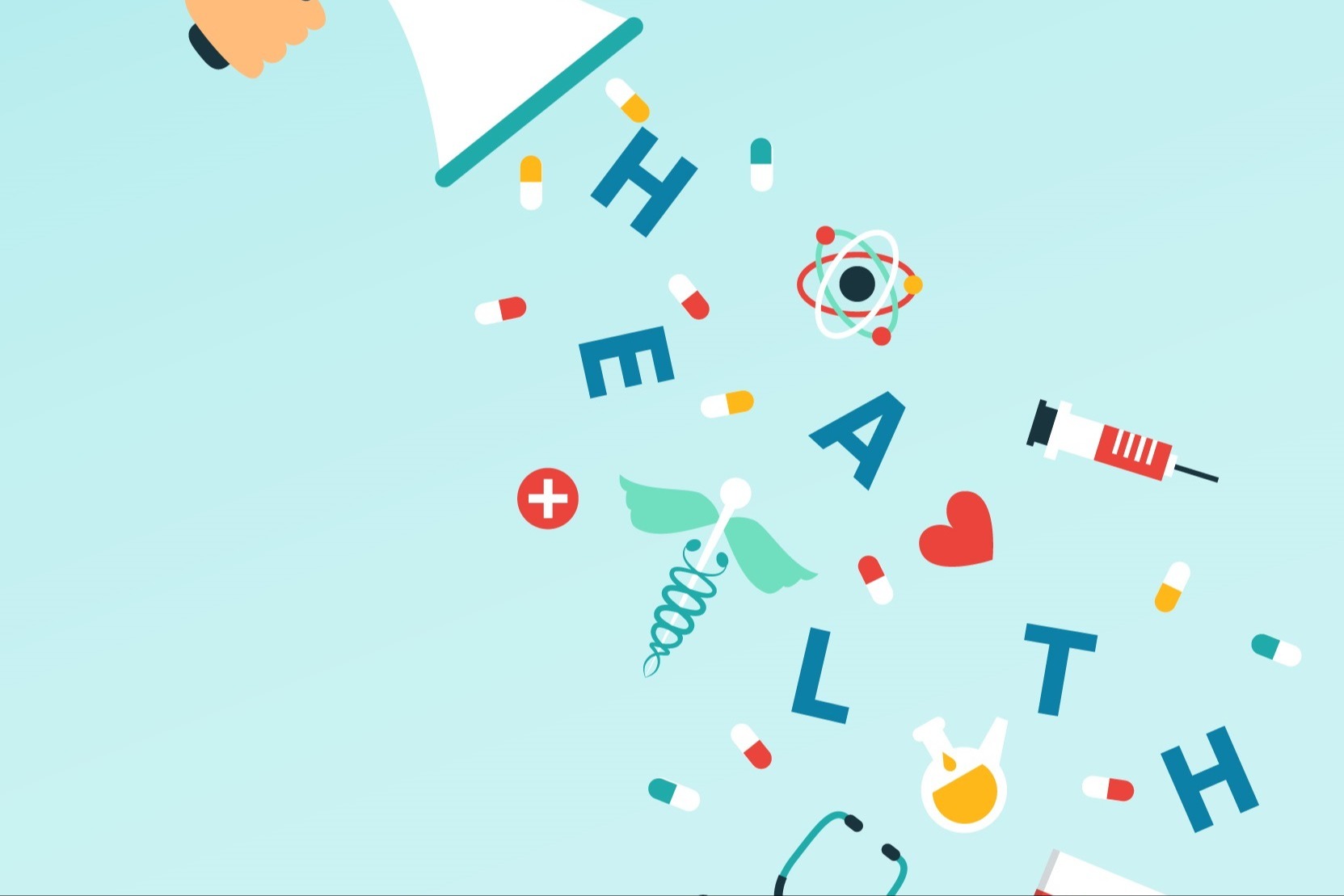 Symbols of health float around a megaphone. Symbols include a cross, heart, syringe, atom, and more.