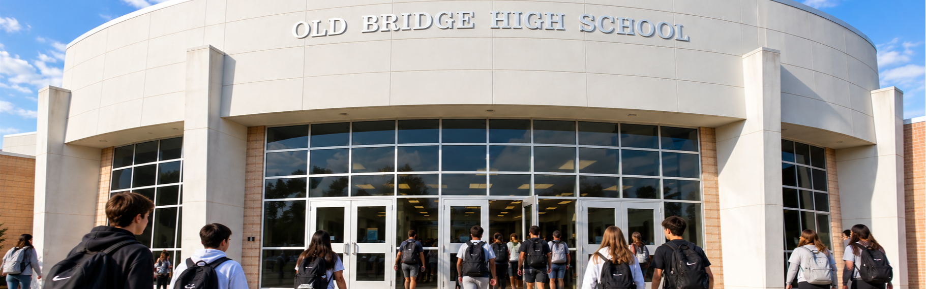 Students wearing backpacks walk into a building labeled Old Bridge High School. The building is white with glass windows.