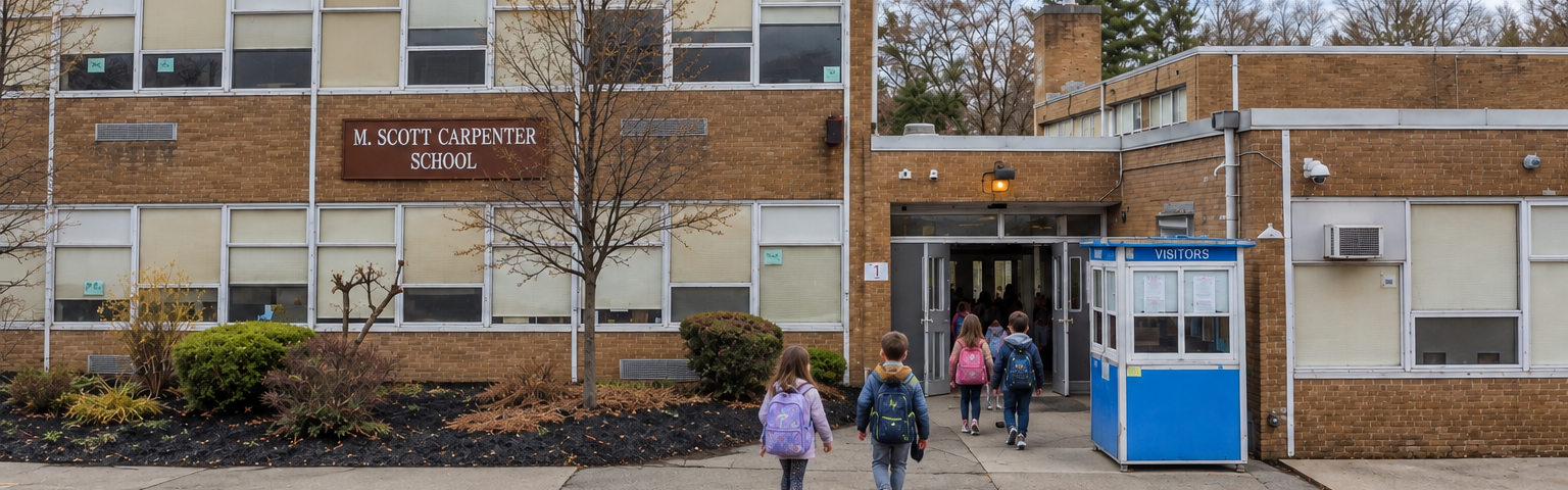 A school building with a name sign. Children with backpacks walk to the entrance on a sunny day.