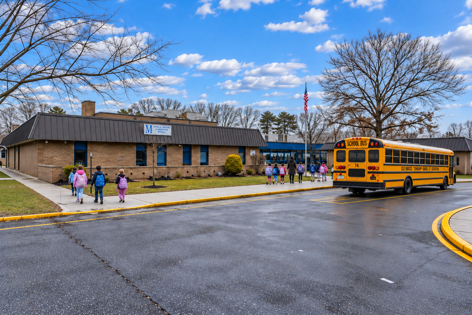 A school with children walking on the sidewalk. A yellow school bus drives past. The background features trees and a blue sky.