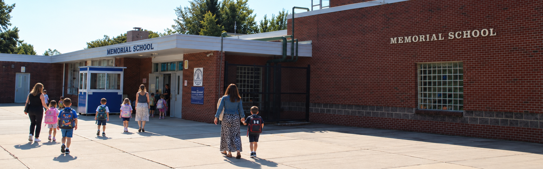 People walk past a school. Some wear backpacks. A sign reads "Memorial School." Trees are in the background.