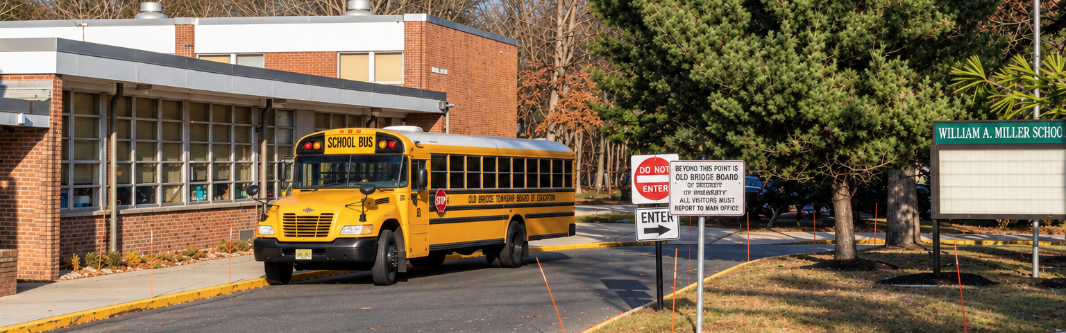 A yellow school bus stops by a building with a flagpole. Nearby, there are trees and signs.