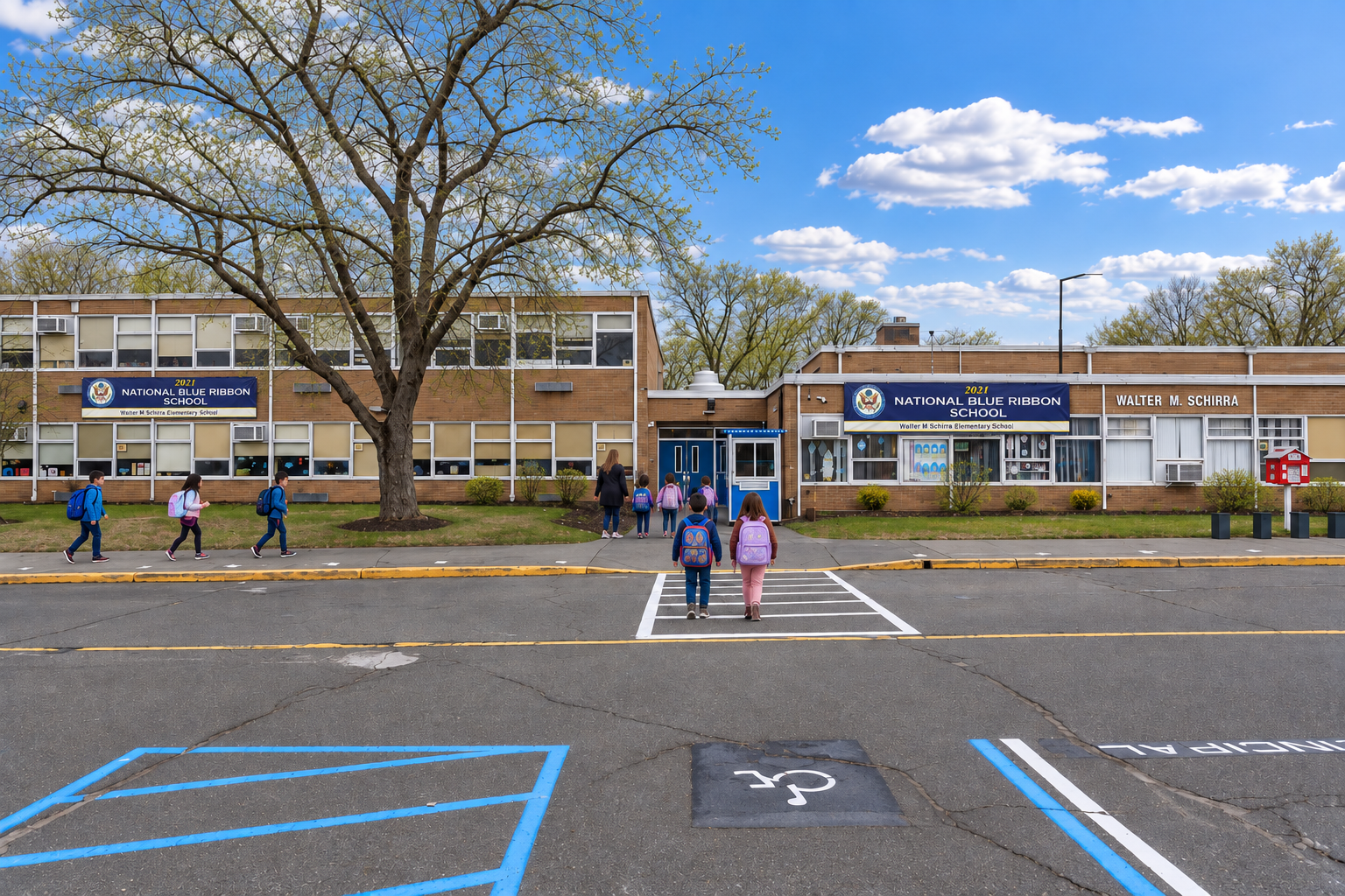 A school building with a large tree in front. Some people are walking on the road.