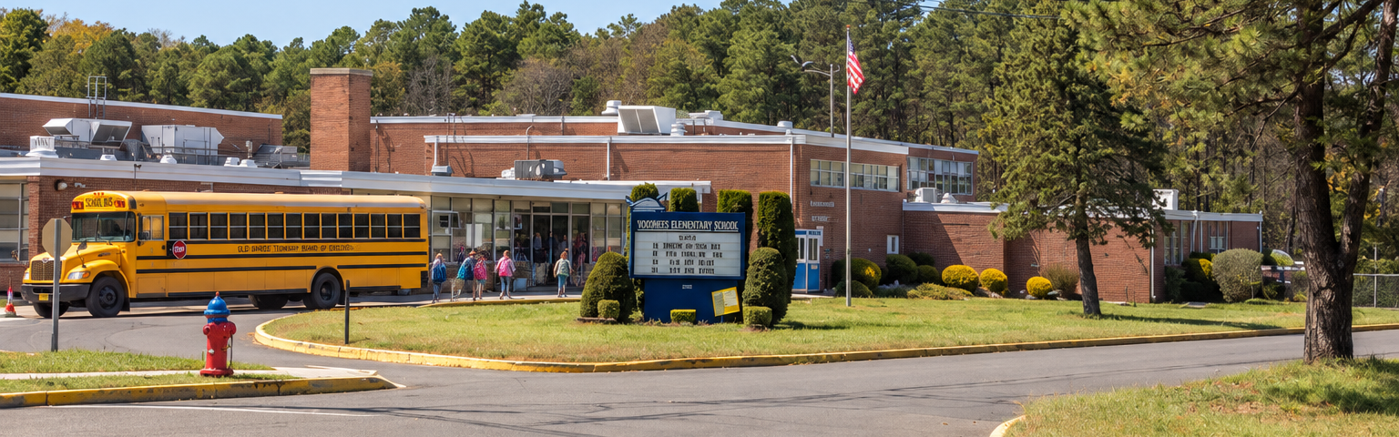 School building with a yellow school bus parked outside. A blue sign and a fire hydrant stand on a grassy patch.