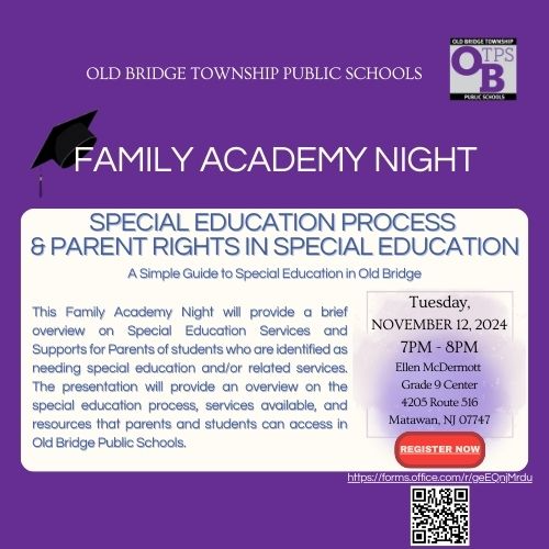 Family Academy Night Workshop: Special Education Process & Parent Rights 11.12.24 7pm - Ellen McDermott Grade 9 Center