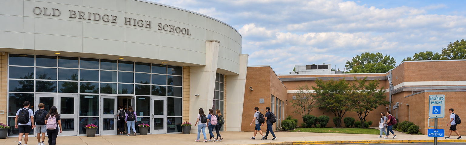 Building with "Old Bridge High School" on top. Several students in backpacks walk past the entrance. Bright sky.