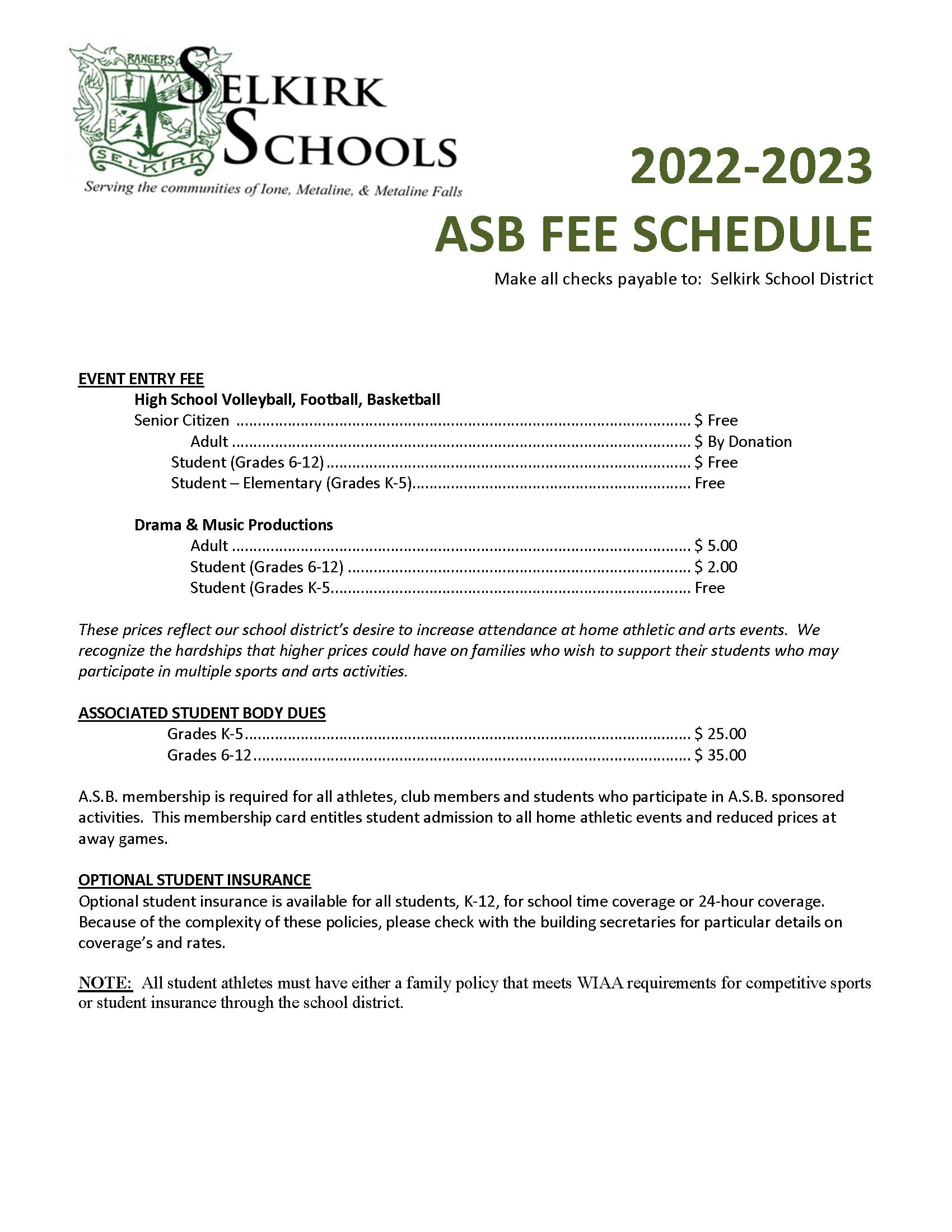 Fee Schedules Selkirk School District