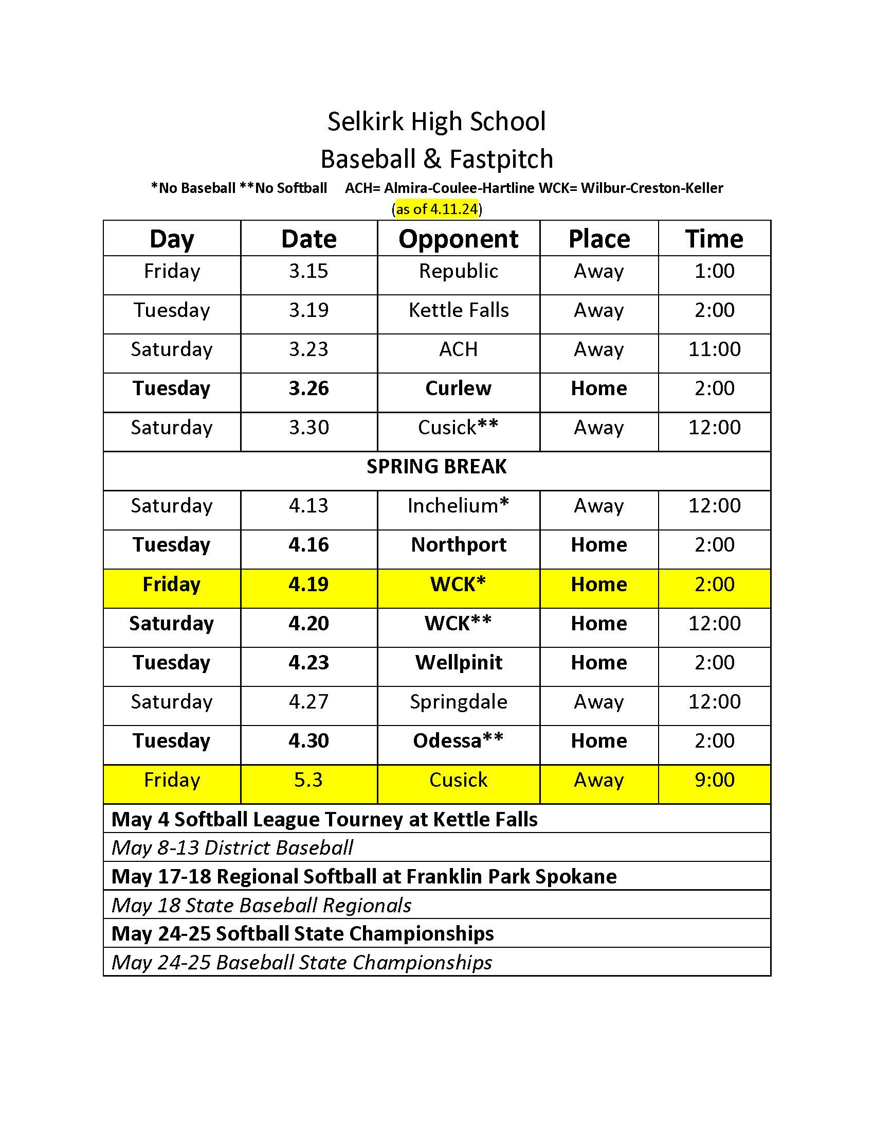 2023 Game Schedule