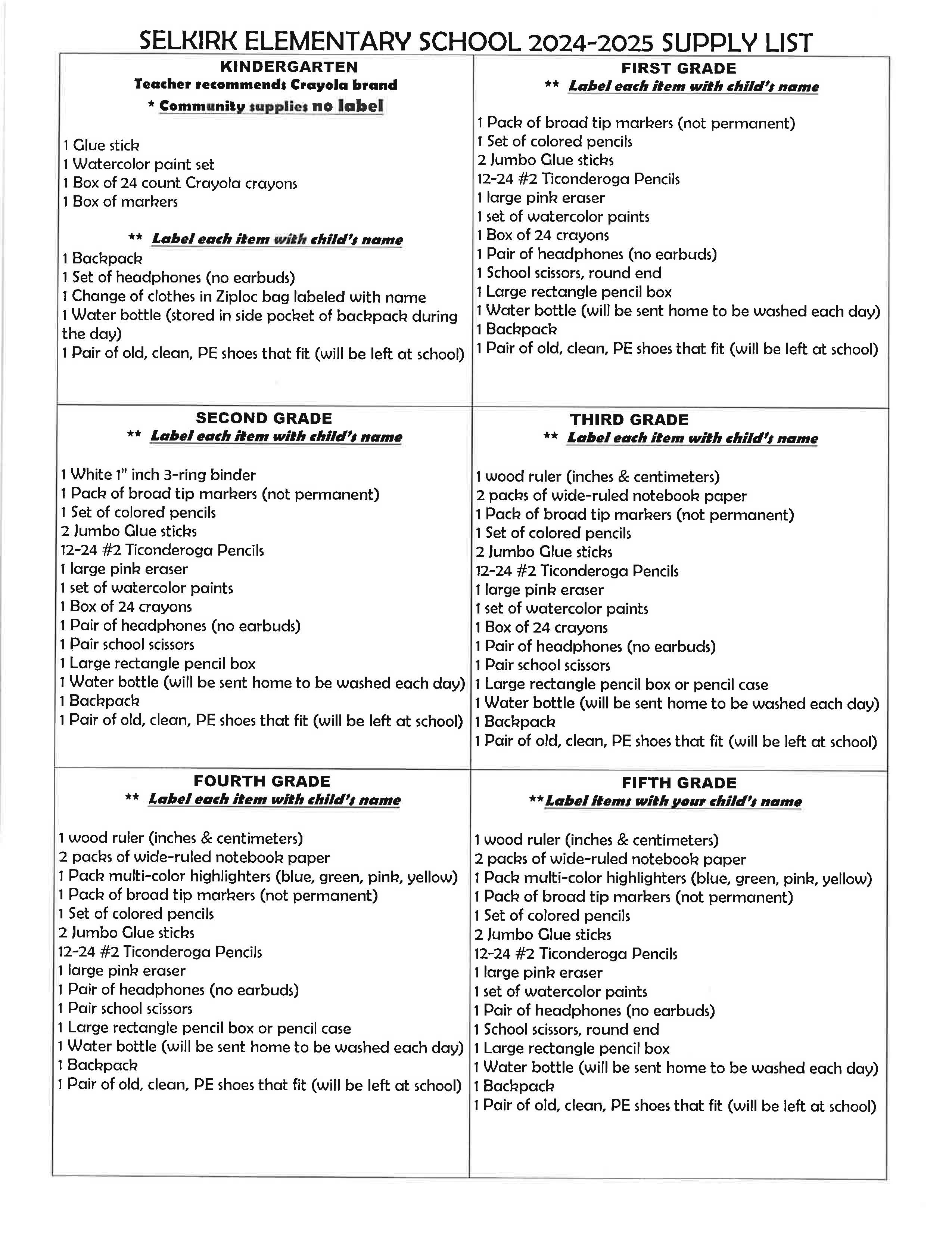 Elementary Supply List