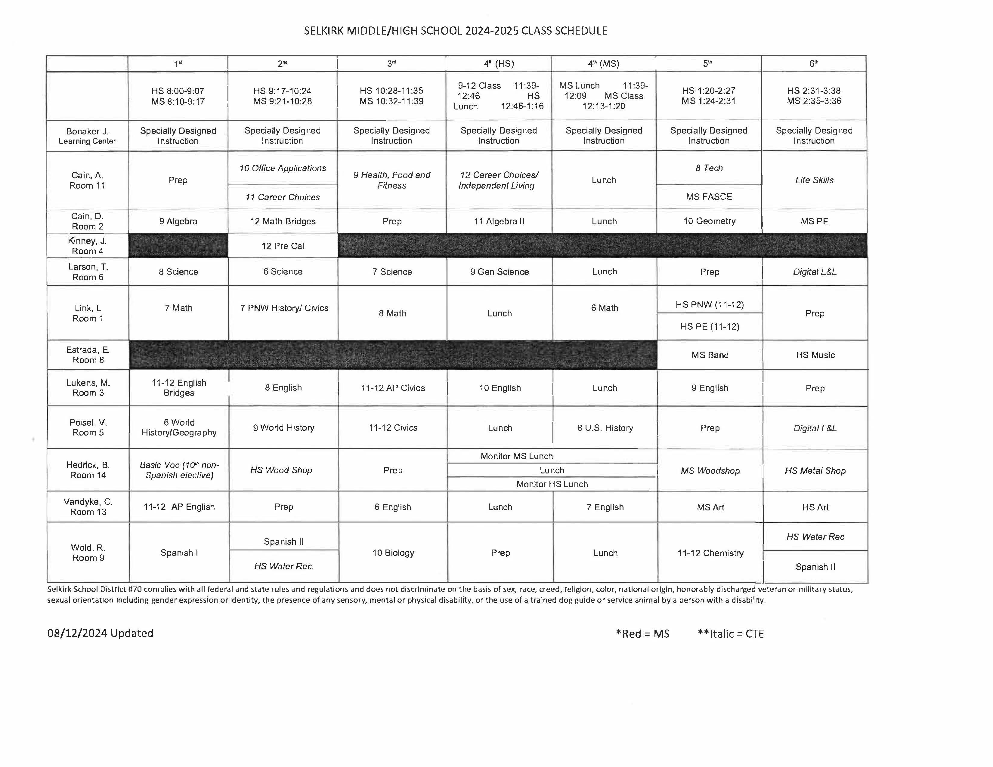 class schedule